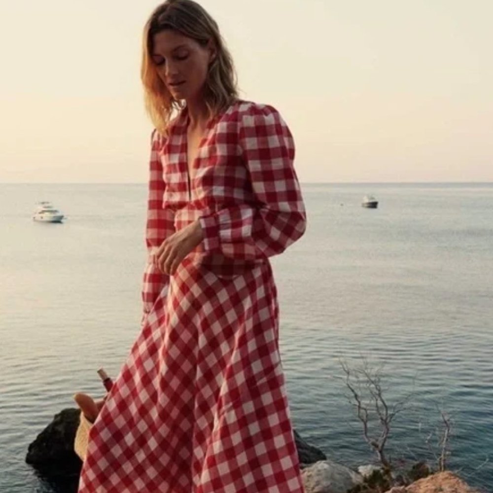 $300 Doen Charleston Dress St Ouen Cherry Plaid check Red White Size 0 2 xs